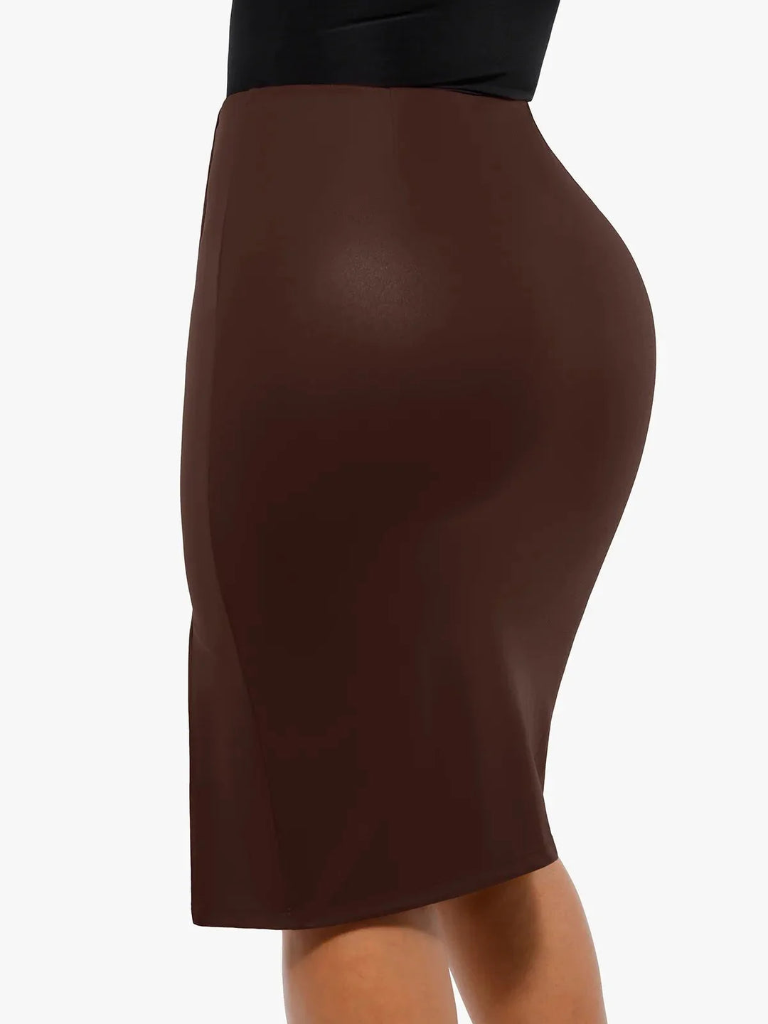 Shapewear Sculpting Faux Leather Front Slit Midi Skirt - Modefluss