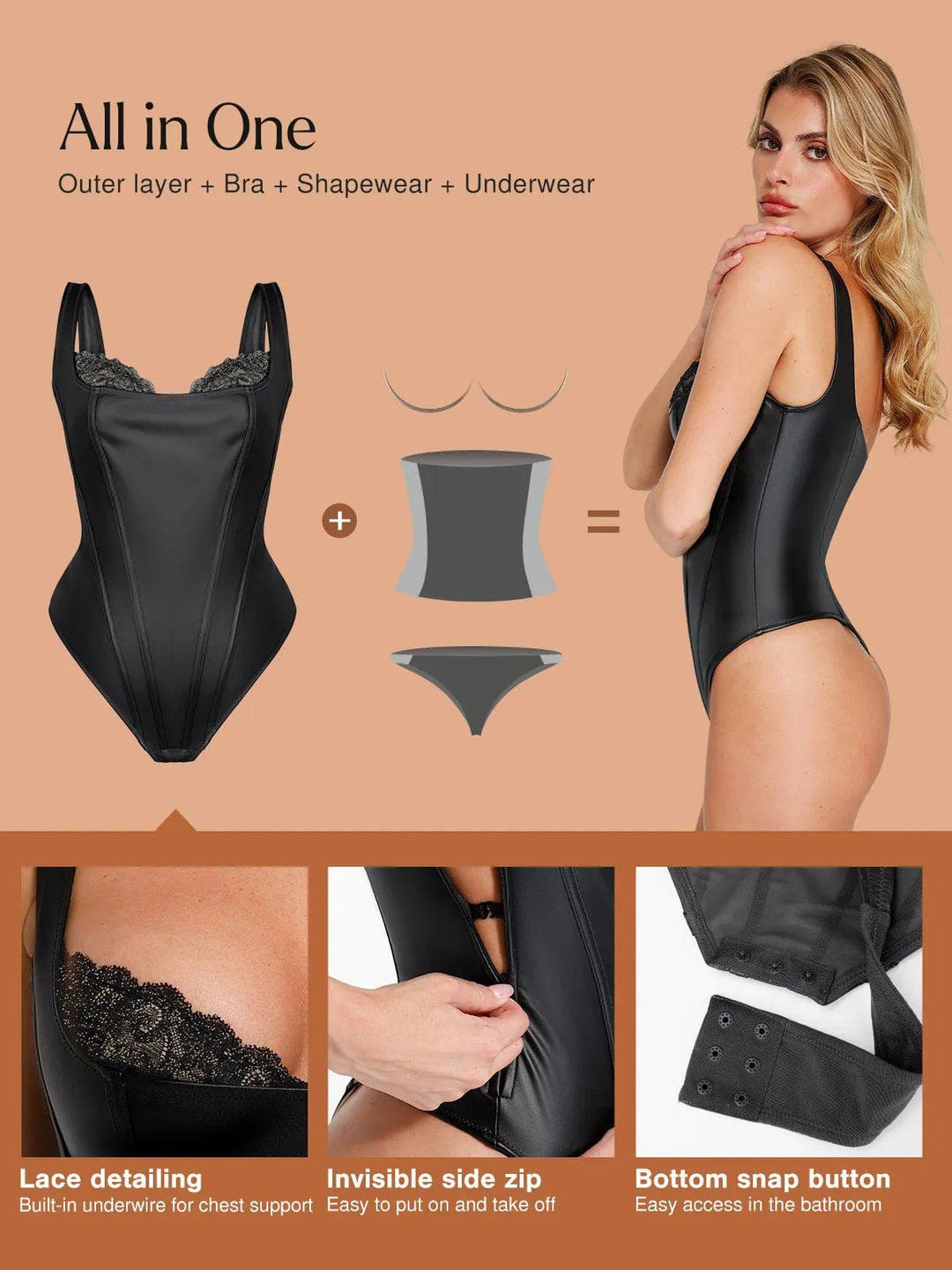 Shapewear Sculpting Faux Leather Lace Bodysuit Skirt Set - Modefluss