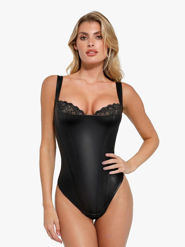 Shapewear Sculpting Faux Leather Lace Bodysuit Skirt Set - Modefluss