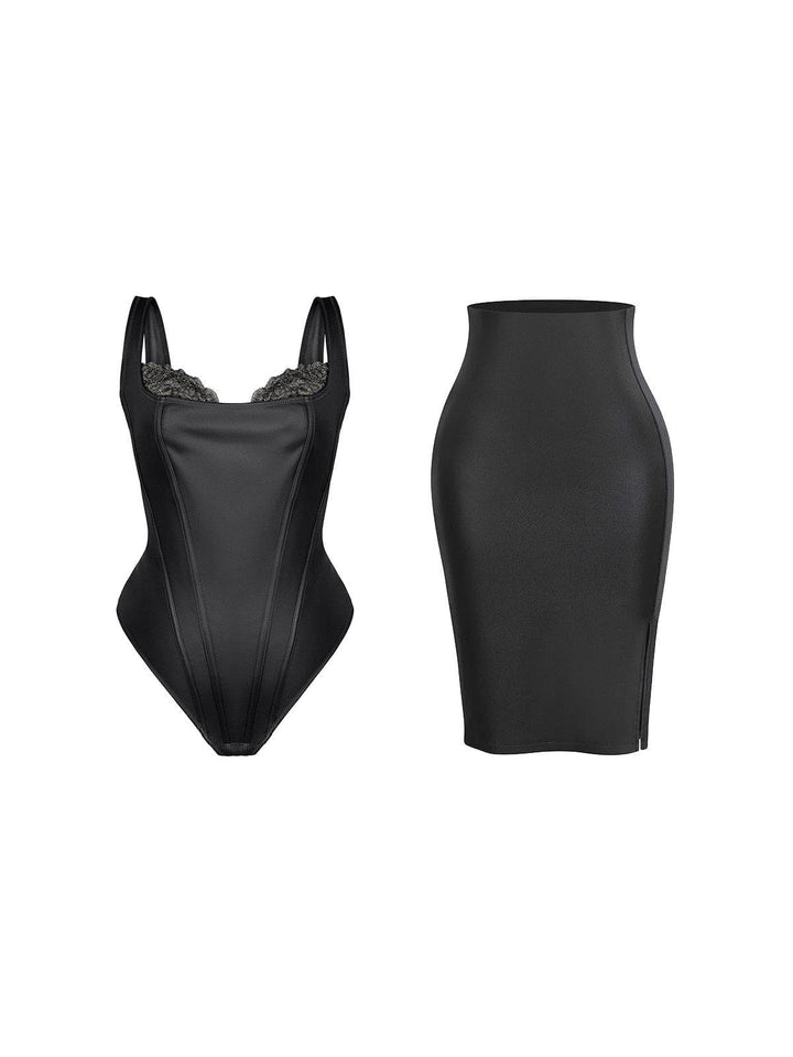 Shapewear Sculpting Faux Leather Lace Bodysuit Skirt Set - Modefluss