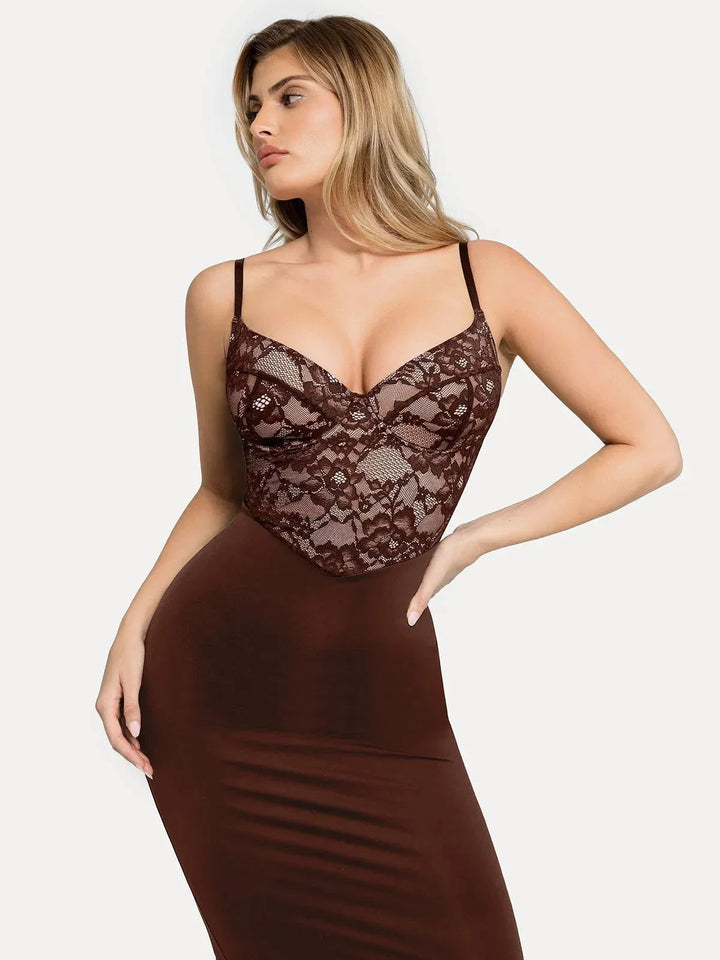 Shapewear Sculpting Lace Corset Midi Slip Dress - Modefluss