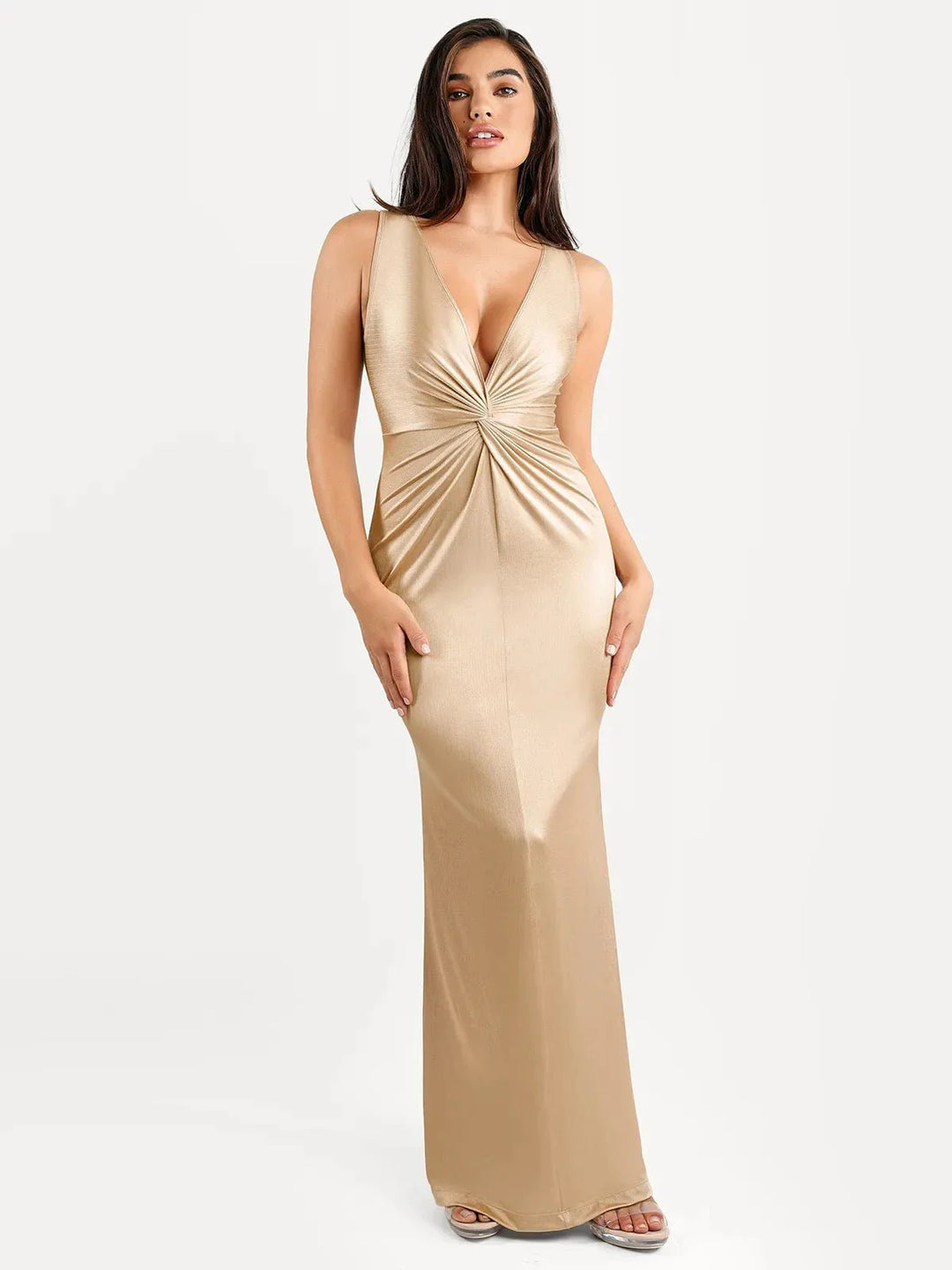 Shapewear Shine Deep V-Neck Bias Twist Hourglass Maxi Dress - Modefluss