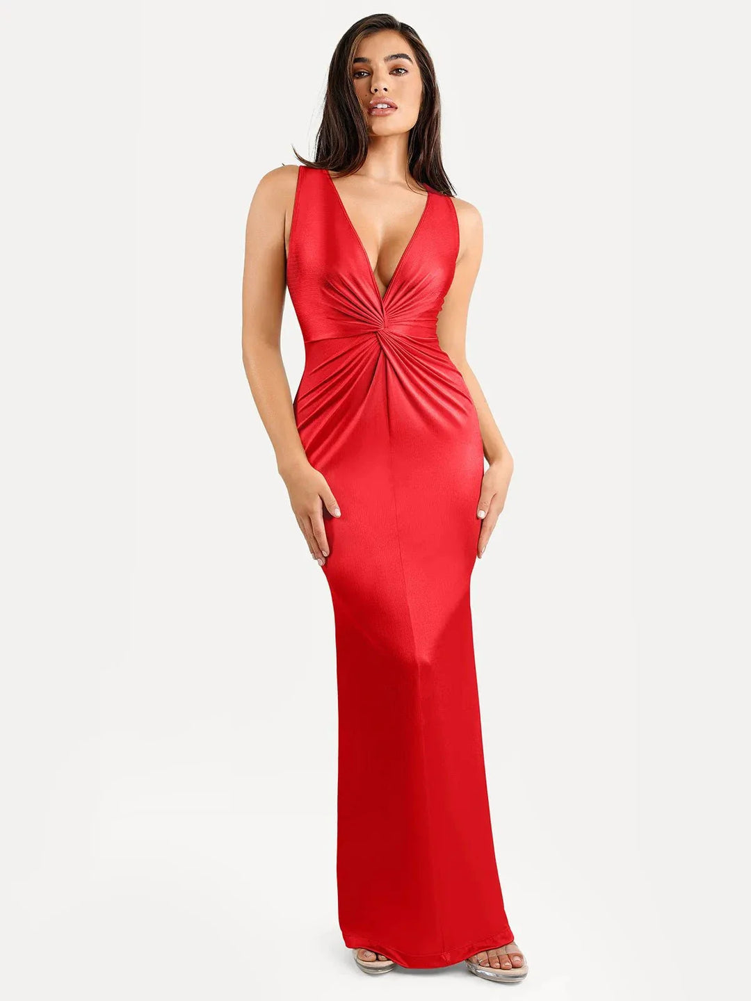 Shapewear Shine Deep V-Neck Bias Twist Hourglass Maxi Dress - Modefluss
