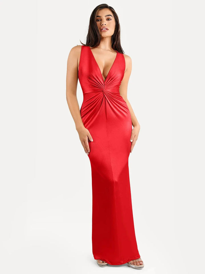 Shapewear Shine Deep V-Neck Bias Twist Hourglass Maxi Dress - Modefluss