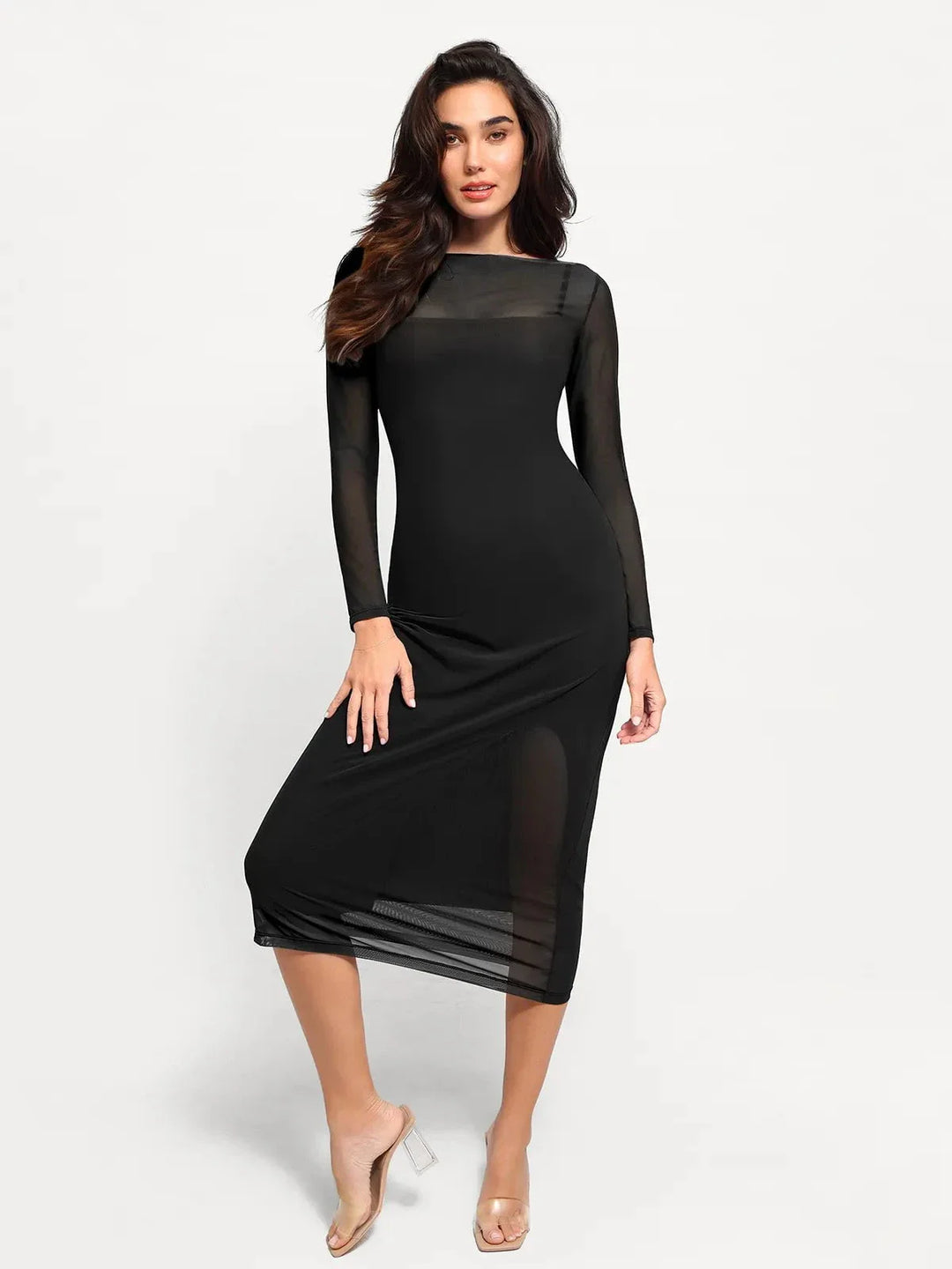 Shapewear Slimming Midi Dress and Sheer Mesh Overlay Set - Modefluss