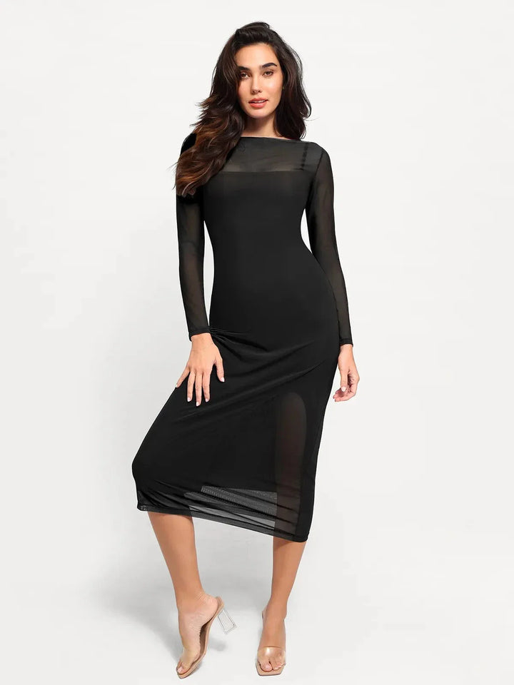 Shapewear Slimming Midi Dress and Sheer Mesh Overlay Set - Modefluss