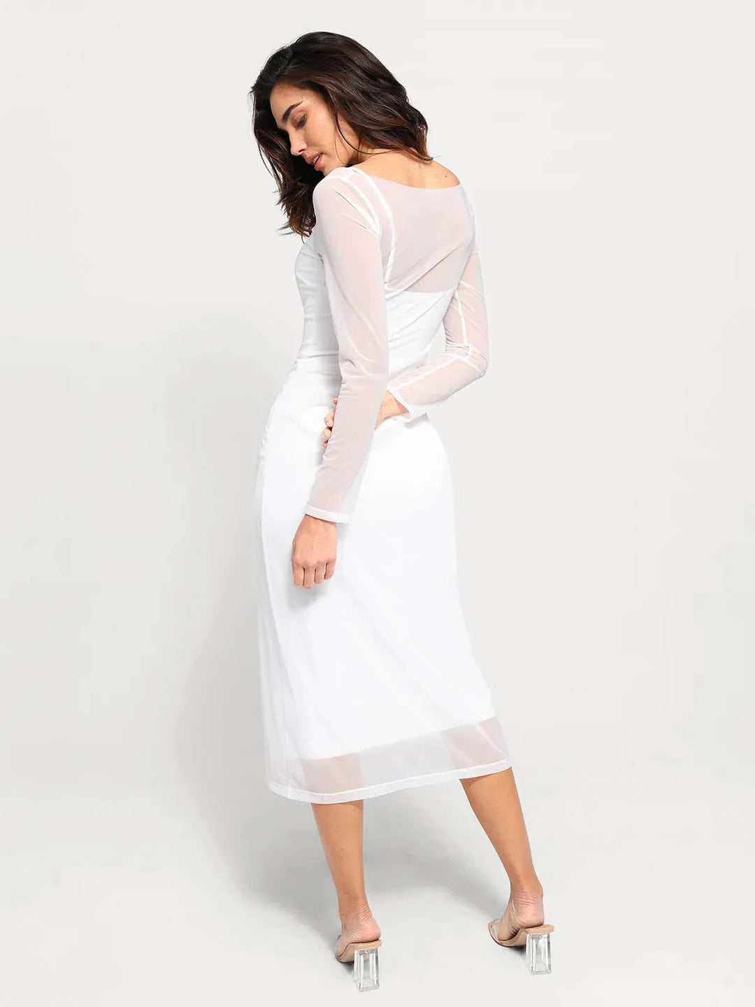 Shapewear Slimming Midi Dress and Sheer Mesh Overlay Set - Modefluss