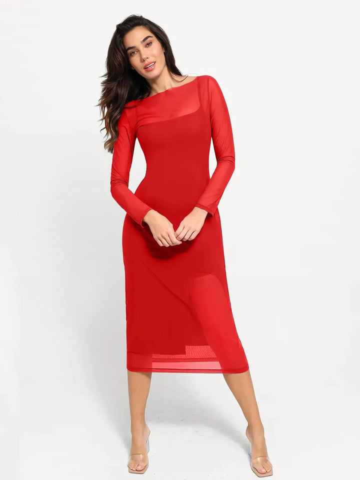Shapewear Slimming Midi Dress and Sheer Mesh Overlay Set - Modefluss
