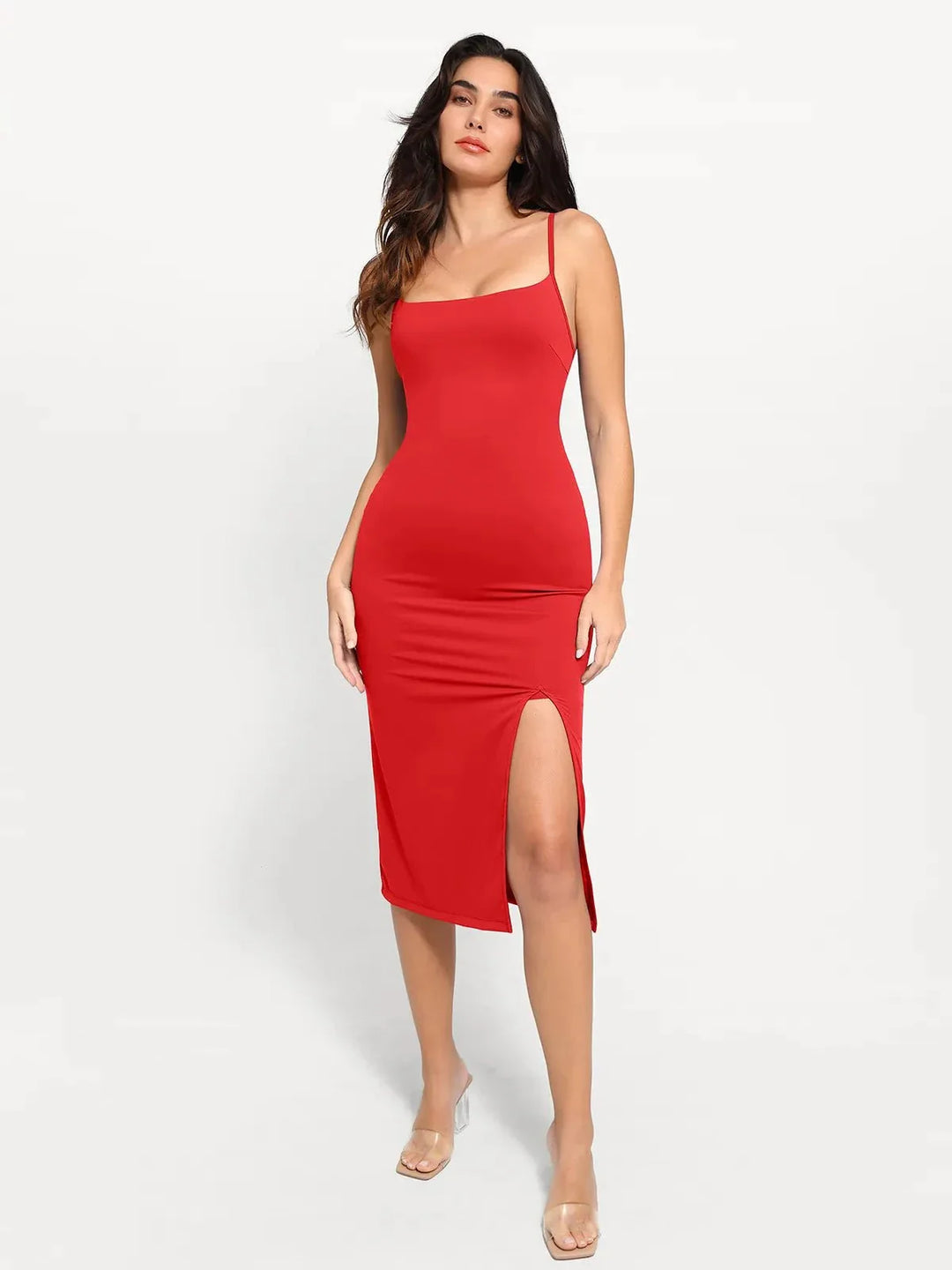 Shapewear Slimming Midi Dress and Sheer Mesh Overlay Set - Modefluss