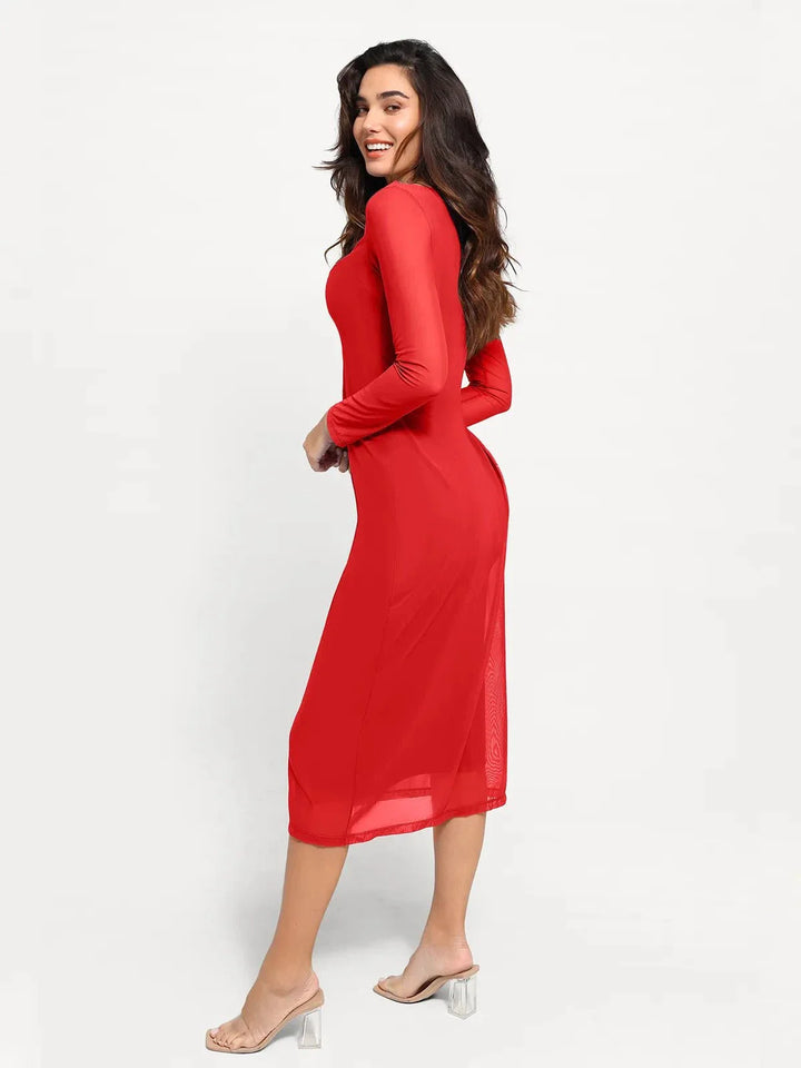 Shapewear Slimming Midi Dress and Sheer Mesh Overlay Set - Modefluss