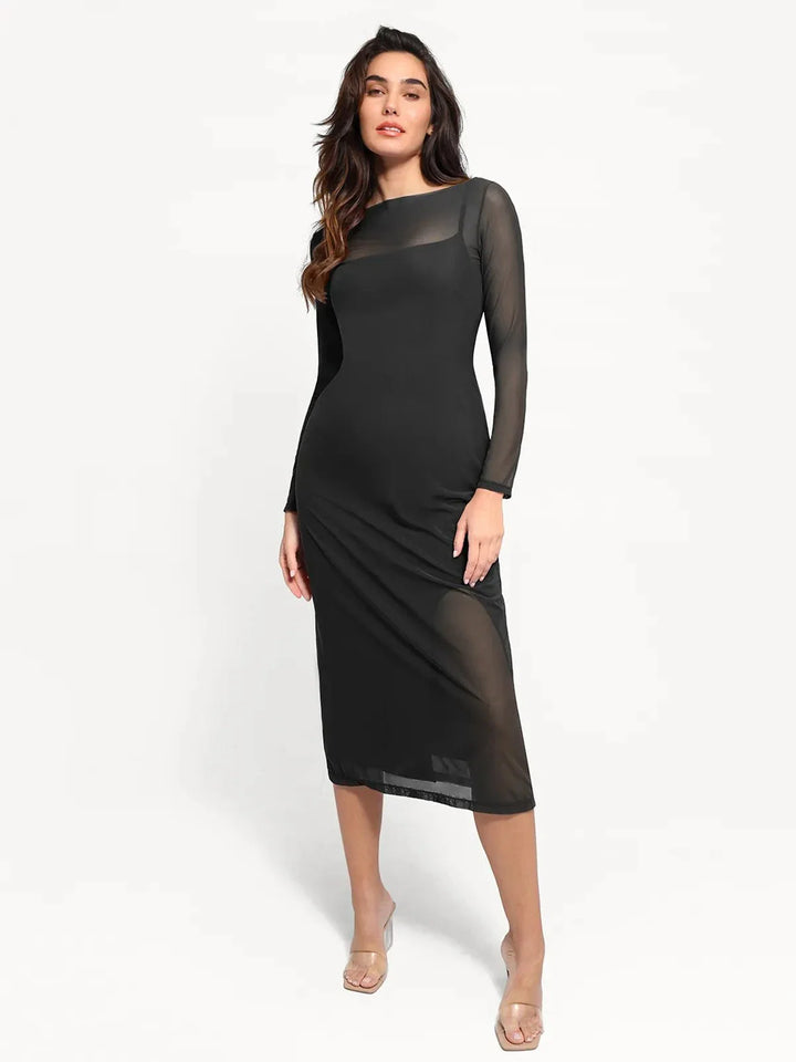 Shapewear Slimming Midi Dress and Sheer Mesh Overlay Set - Modefluss