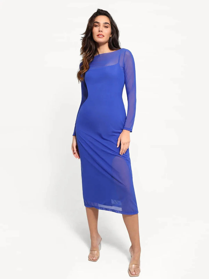 Shapewear Slimming Midi Dress and Sheer Mesh Overlay Set - Modefluss