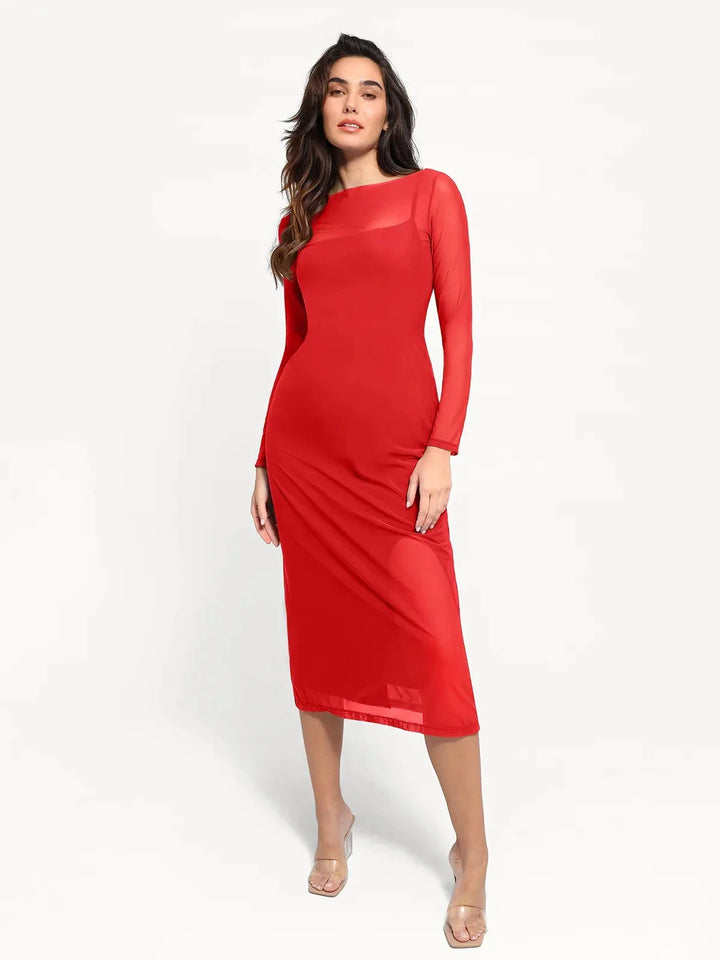 Shapewear Slimming Midi Dress and Sheer Mesh Overlay Set - Modefluss
