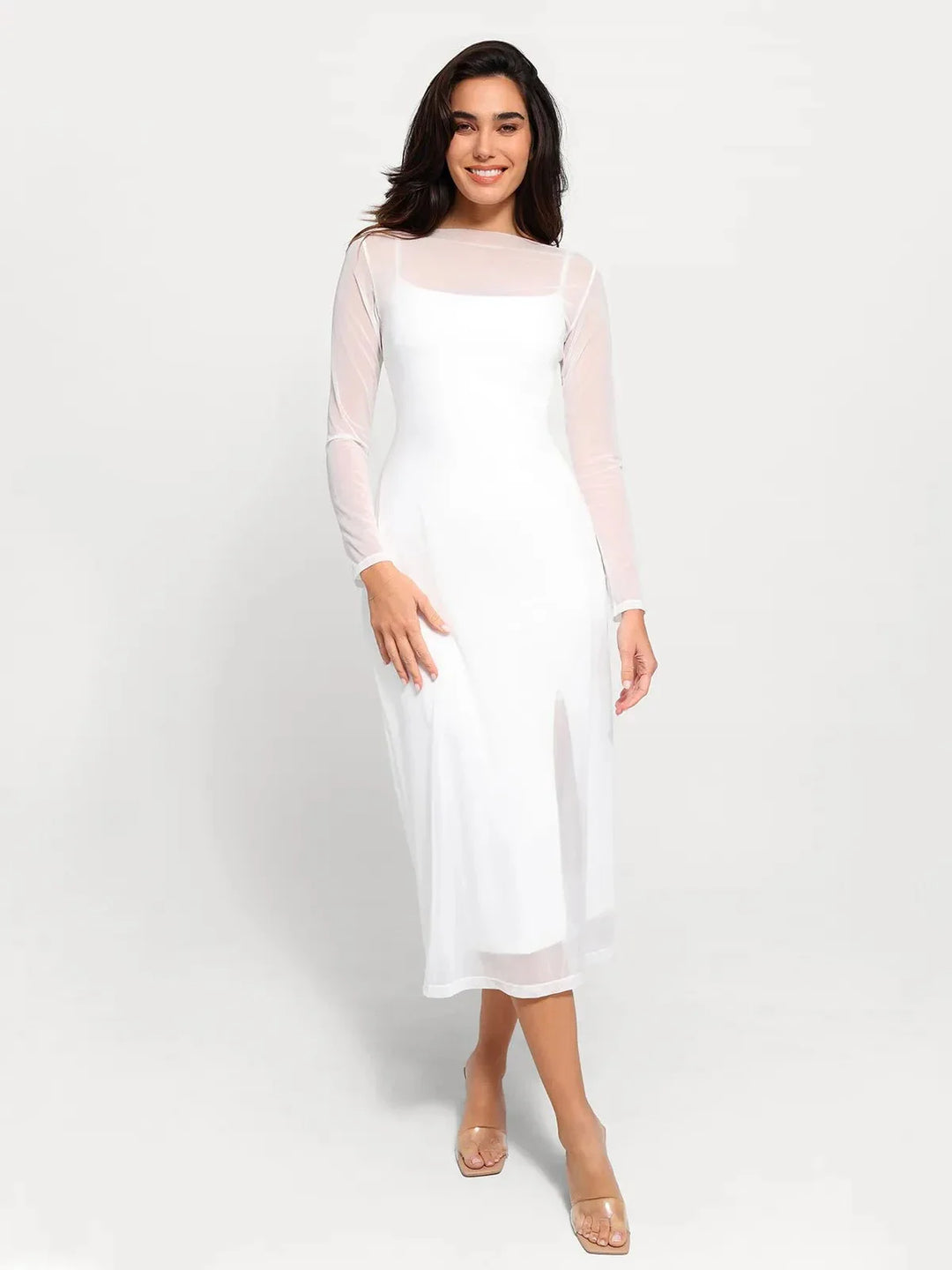 Shapewear Slimming Midi Dress and Sheer Mesh Overlay Set - Modefluss