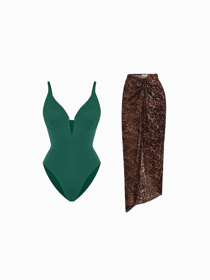 Shapewear Slimming One-Piece Swimsuit Mesh Coverup Set