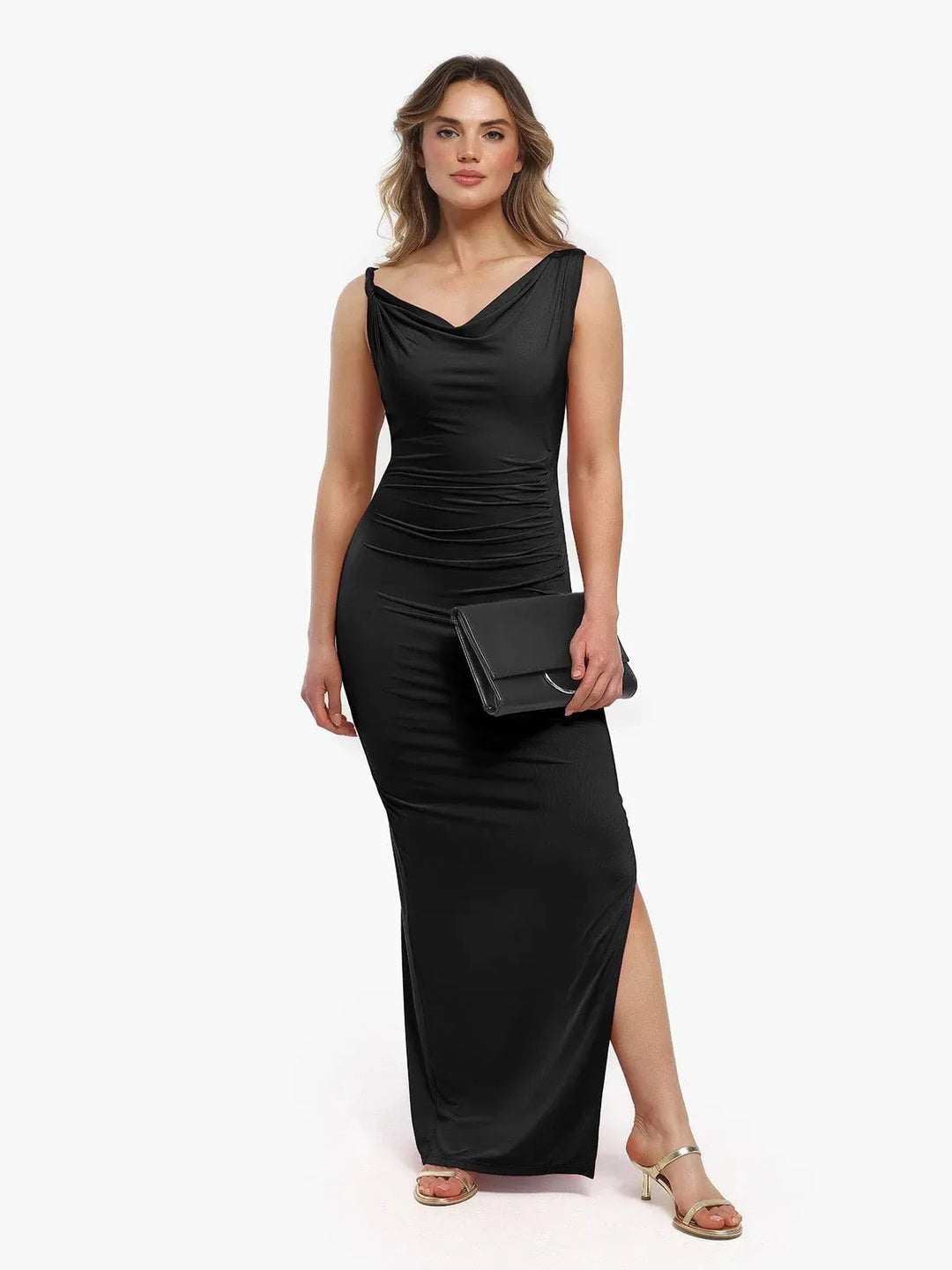 Shapewear Solid Cowl Neck Ruched Sculpting Maxi Dress - Modefluss