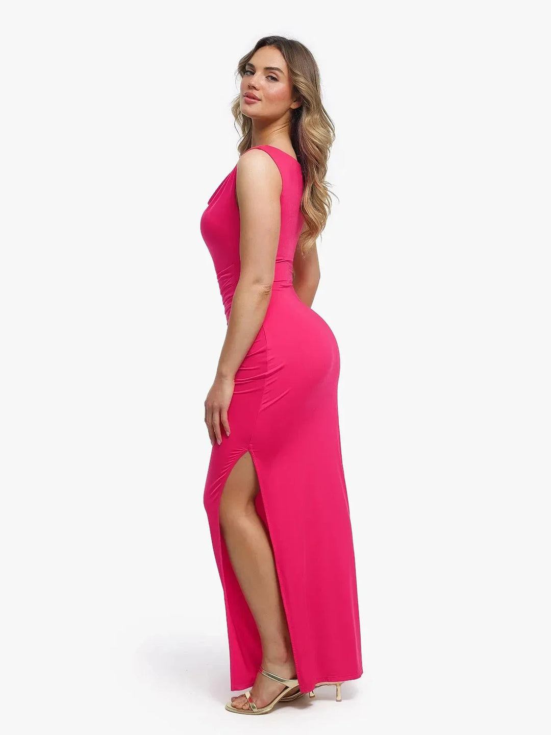 Shapewear Solid Cowl Neck Ruched Sculpting Maxi Dress - Modefluss