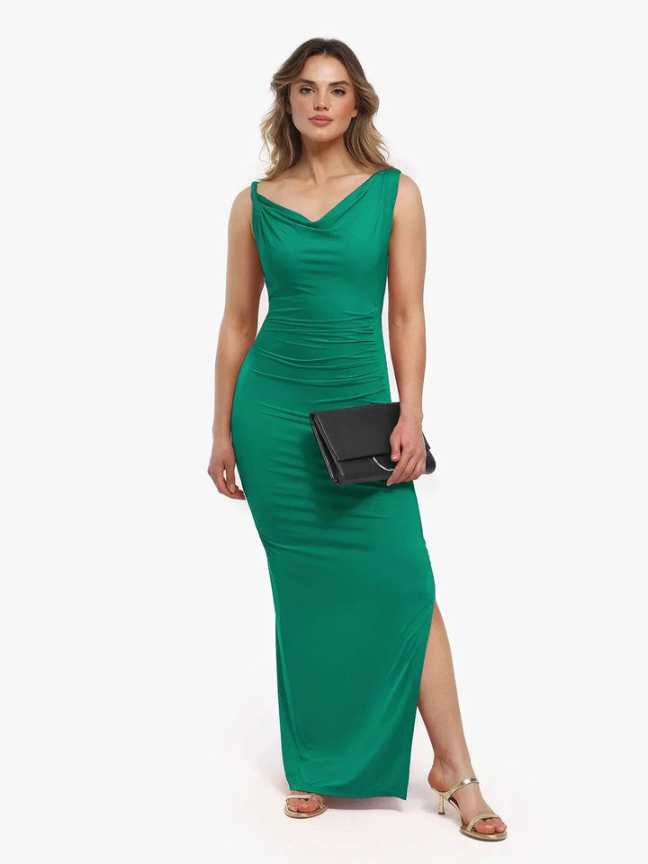 Shapewear Solid Cowl Neck Ruched Sculpting Maxi Dress - Modefluss