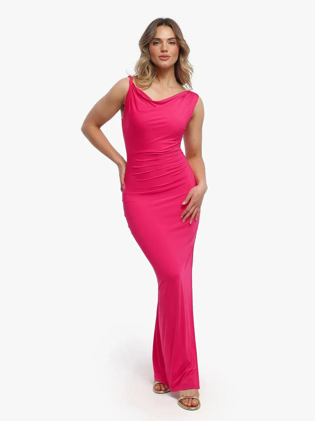Shapewear Solid Cowl Neck Ruched Sculpting Maxi Dress - Modefluss