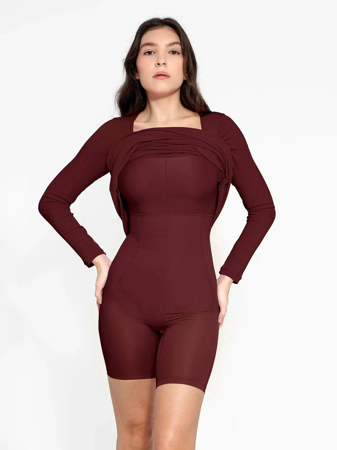 Shapewear Square Neck Long Sleeve Slimming Modal Maxi Dress - Modefluss
