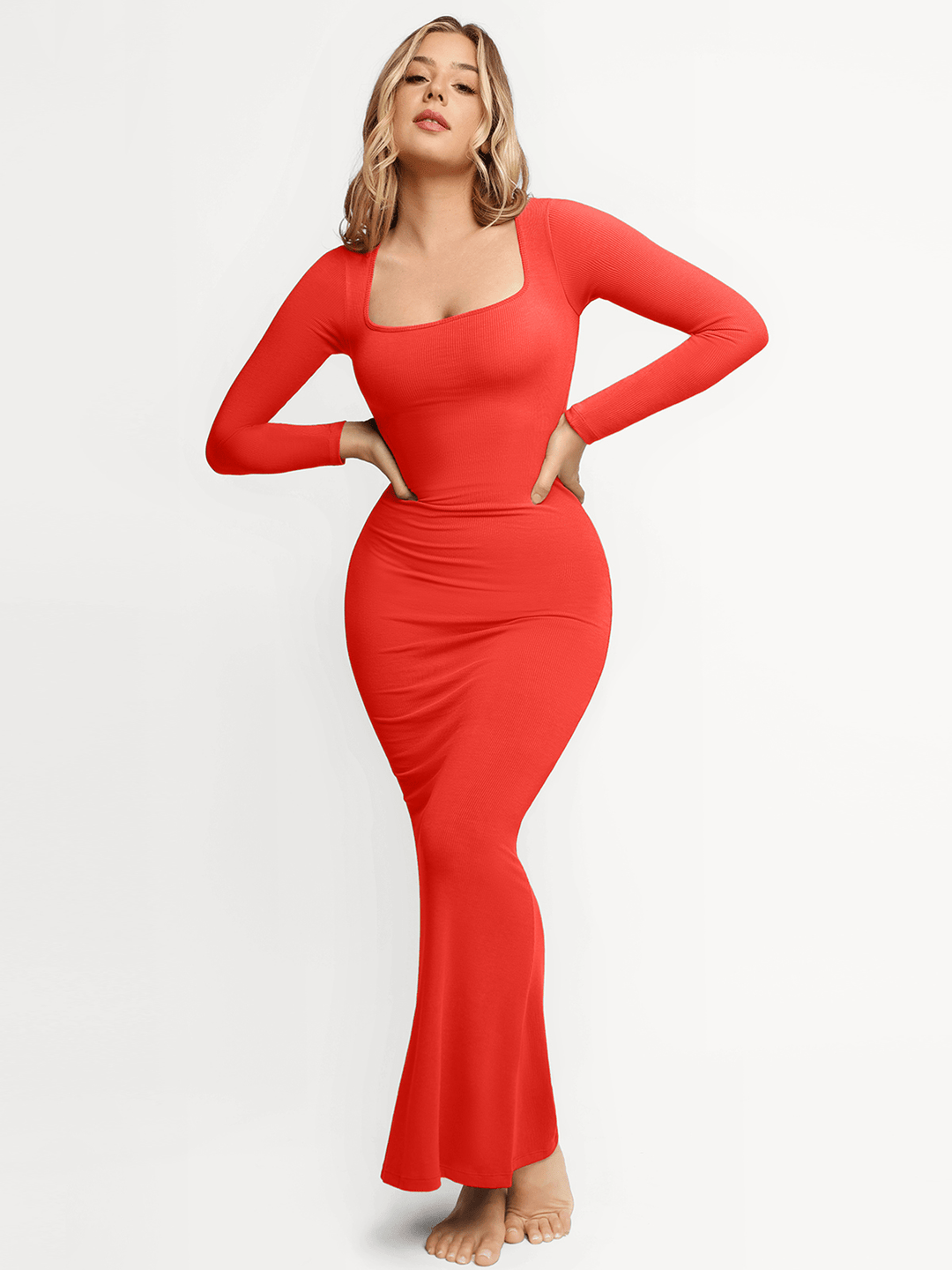 Shapewear Square Neck Long Sleeve Slimming Modal Maxi Dress - Modefluss