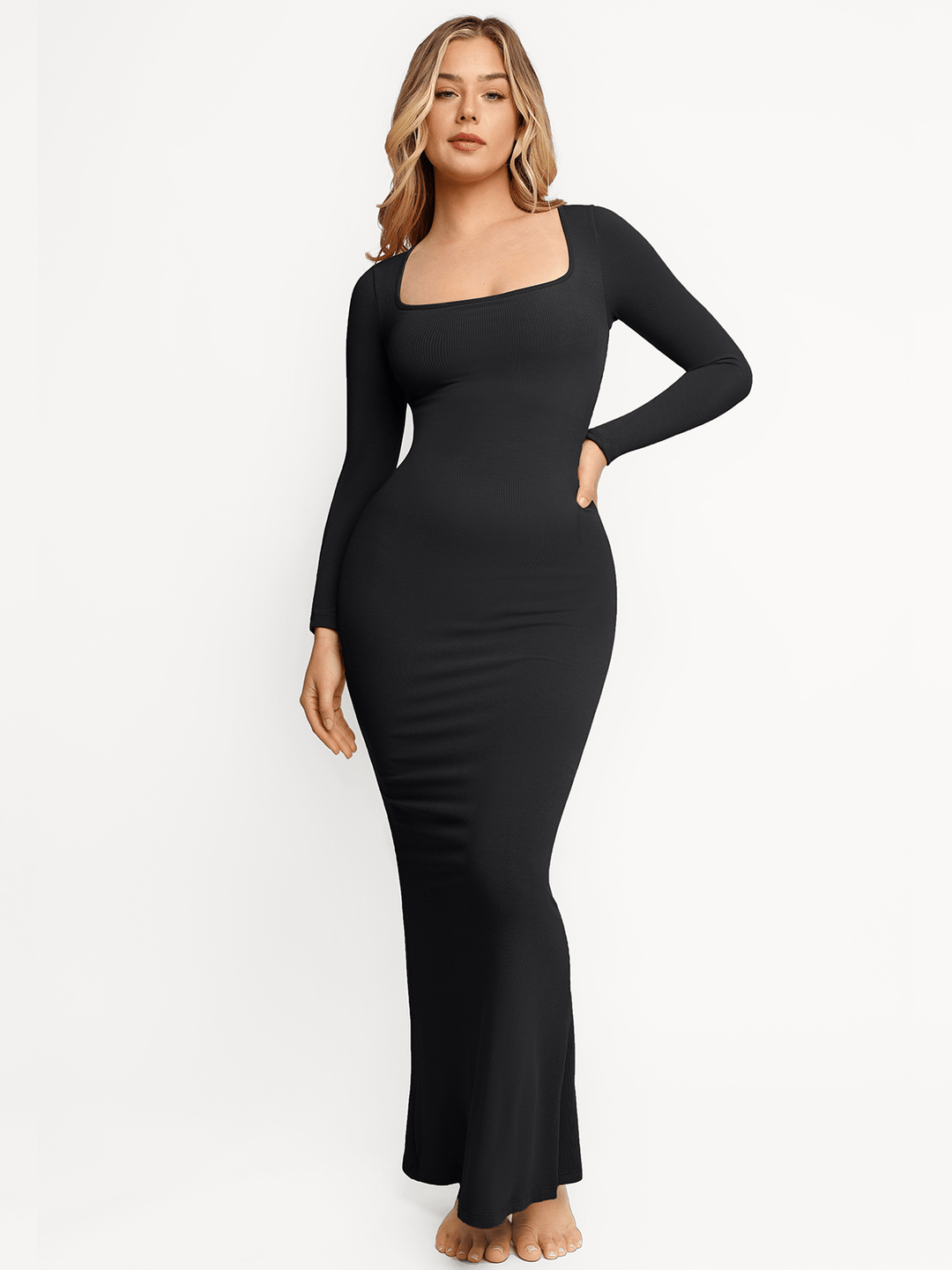 Shapewear Square Neck Long Sleeve Slimming Modal Maxi Dress - Modefluss
