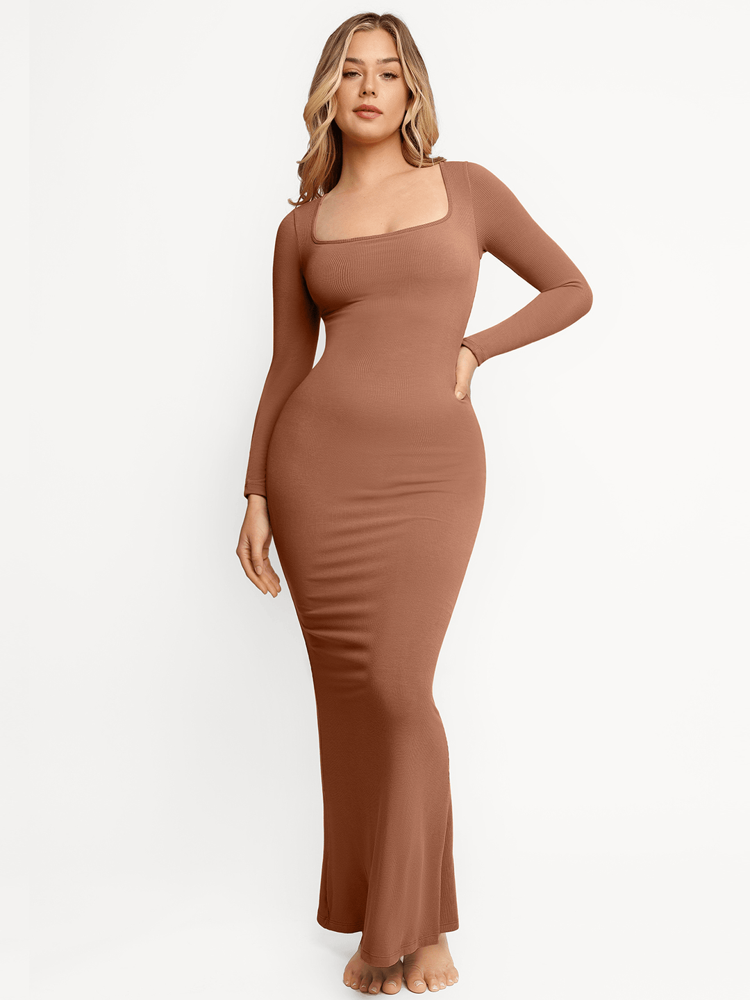 Shapewear Square Neck Long Sleeve Slimming Modal Maxi Dress - Modefluss