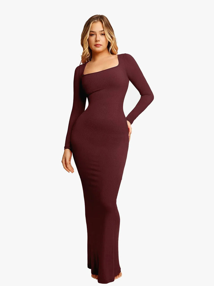 Shapewear Square Neck Long Sleeve Slimming Modal Maxi Dress - Modefluss