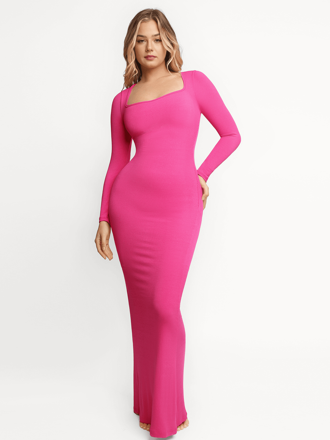 Shapewear Square Neck Long Sleeve Slimming Modal Maxi Dress - Modefluss