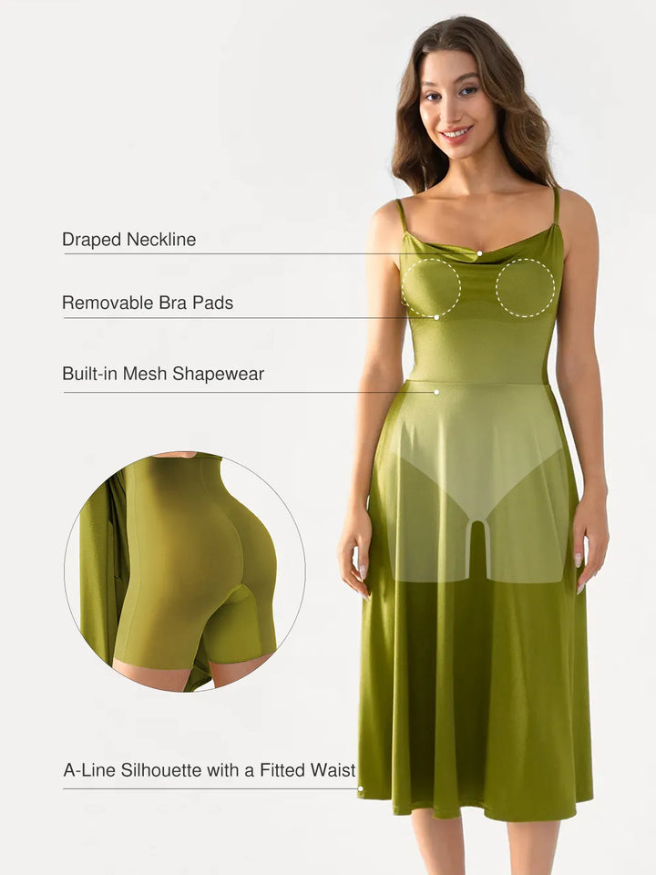 Shapewear Strappy Cowl Neck Fit & Flare Midi Dress - Modefluss