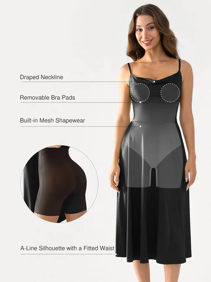 Shapewear Strappy Cowl Neck Fit & Flare Midi Dress - Modefluss