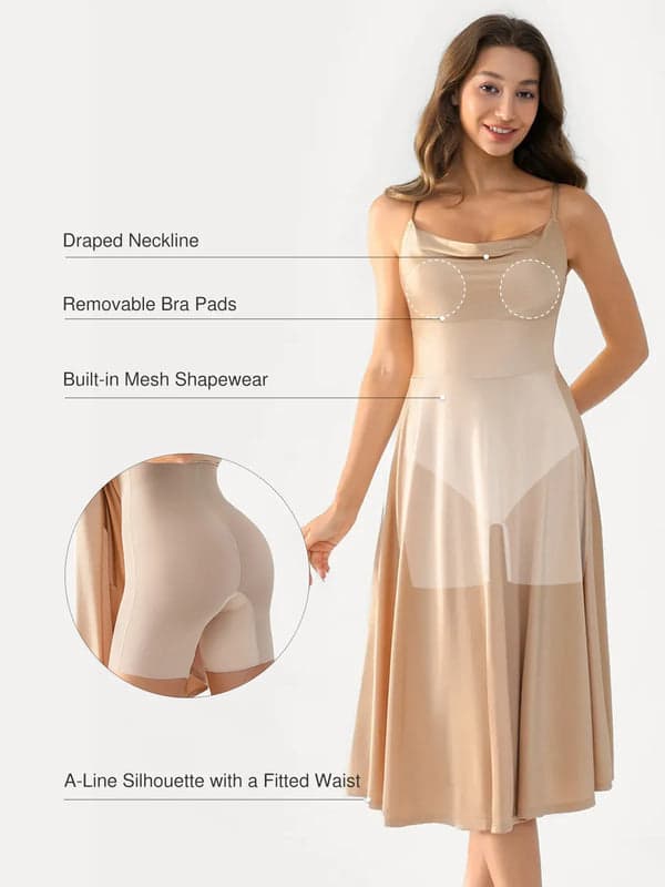 Shapewear Strappy Cowl Neck Tummy Control Flare Dress - Modefluss