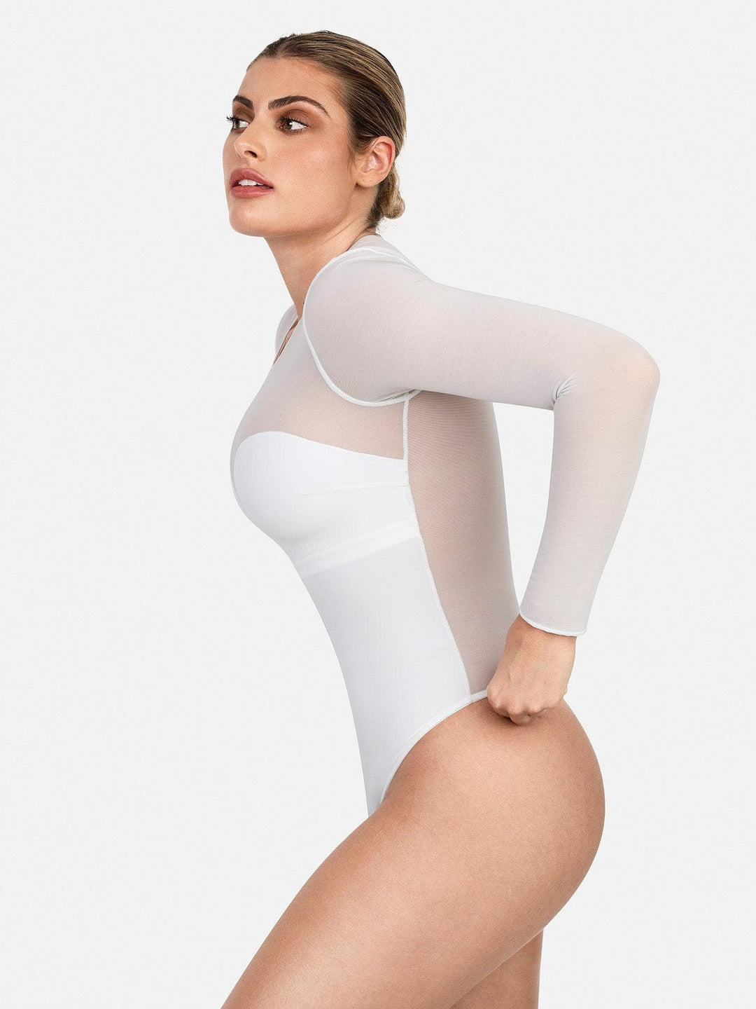 Body gainant à manches longues en maille illusion Shapewear