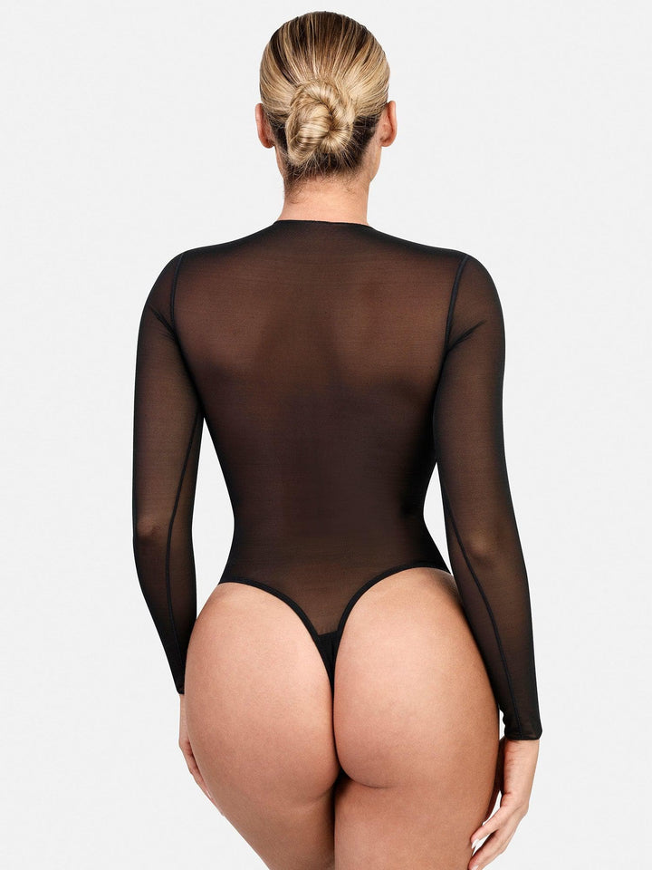 Body gainant à manches longues en maille illusion Shapewear