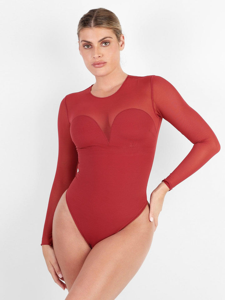 Body gainant à manches longues en maille illusion Shapewear