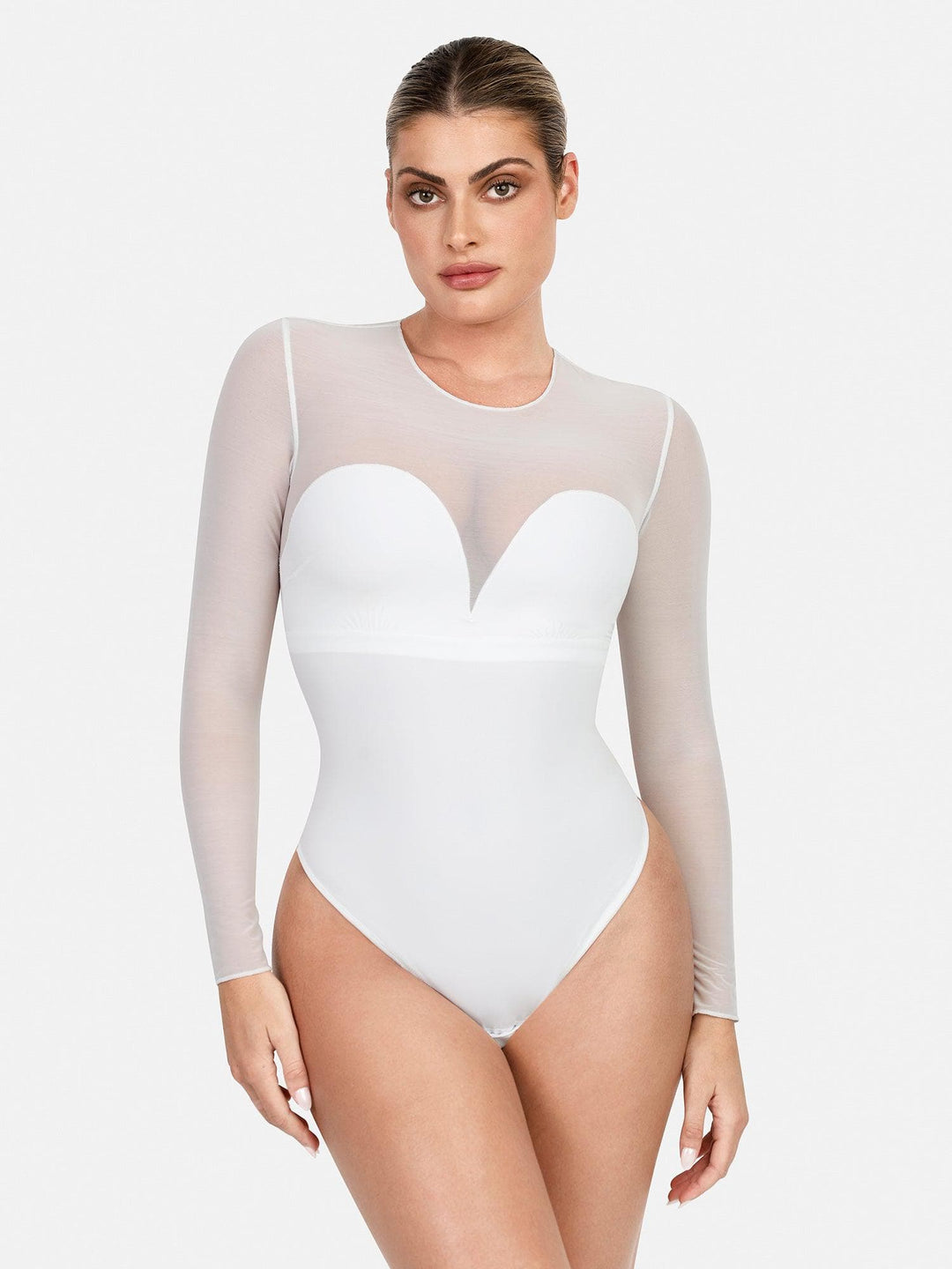 Body gainant à manches longues en maille illusion Shapewear