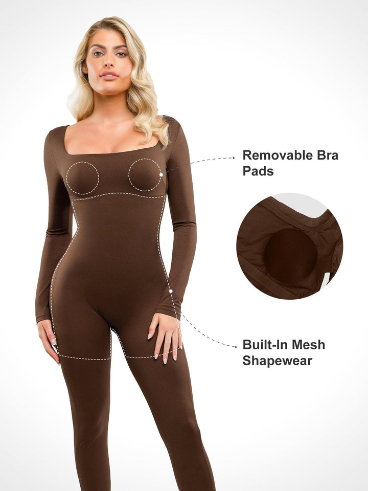 Shapewear Square Neck Long Sleeve Butt Lift Jumpsuit - Modefluss