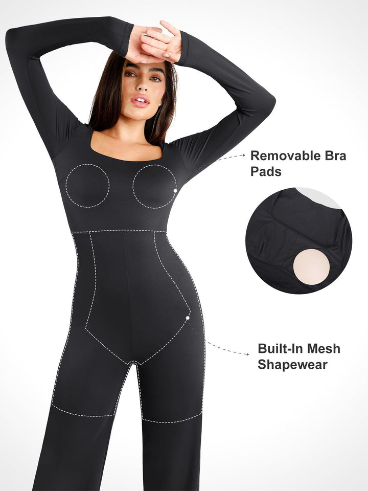Shapewear Long Sleeve Square Neck Slimming Wide Leg Jumpsuit - Modefluss