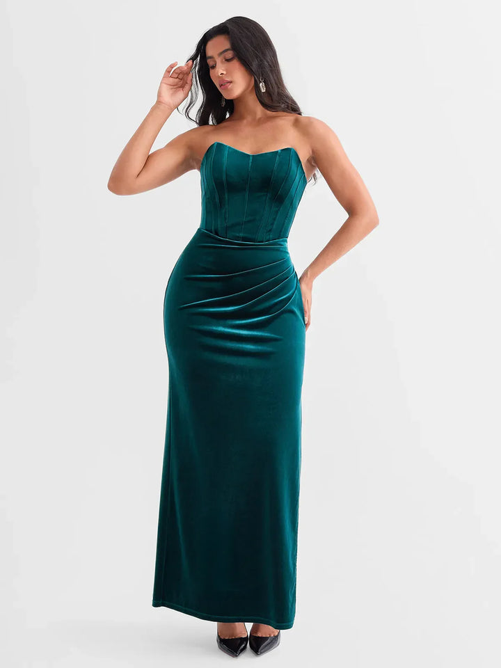 Strapless Velvet Ruched Sculpting Corset Gown - Modefluss