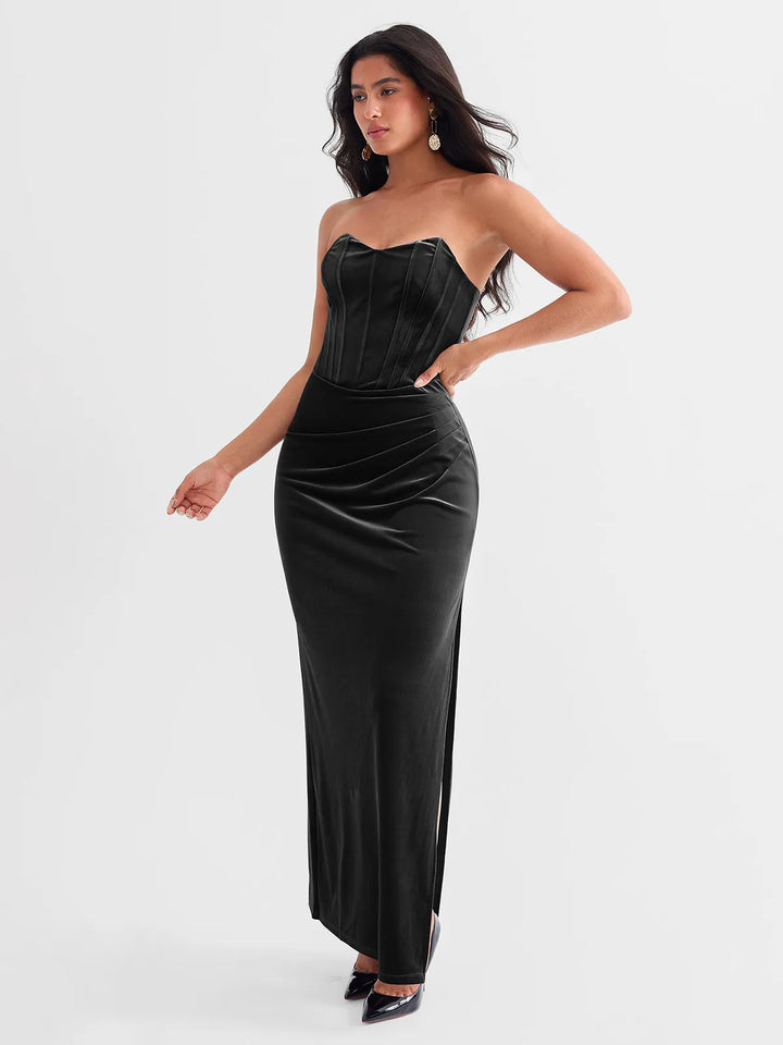Strapless Velvet Ruched Sculpting Corset Gown - Modefluss