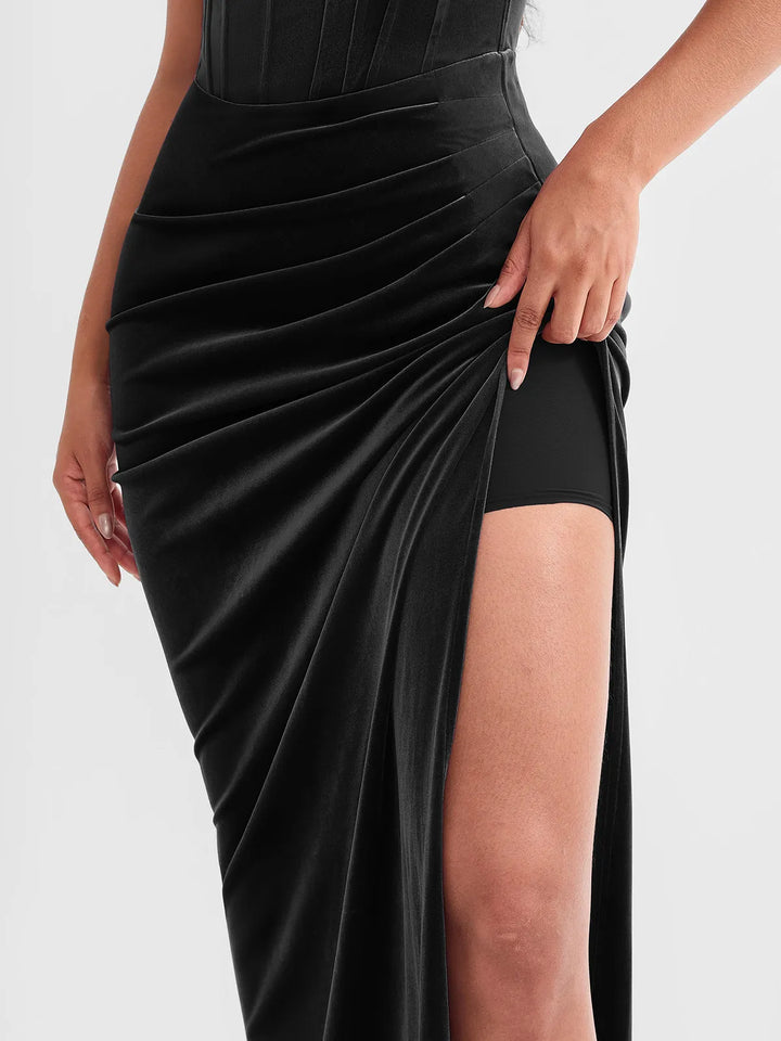 Strapless Velvet Ruched Sculpting Corset Gown - Modefluss