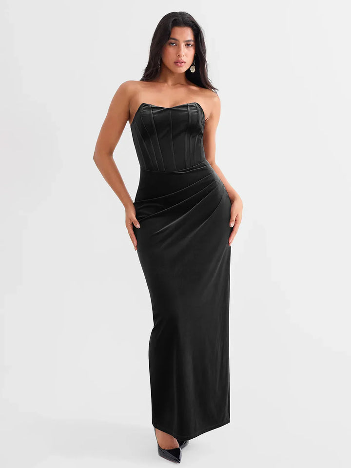 Strapless Velvet Ruched Sculpting Corset Gown - Modefluss