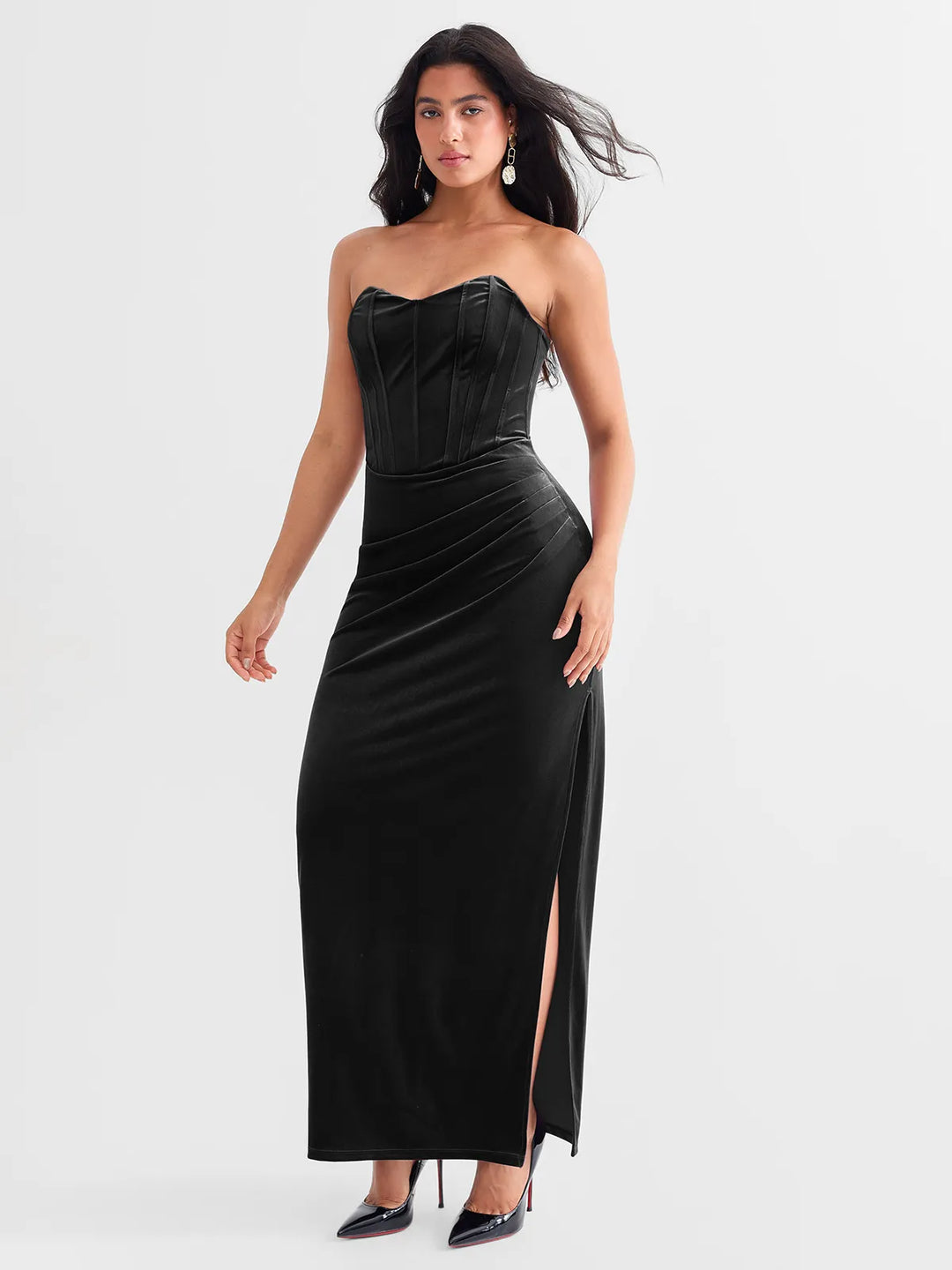 Strapless Velvet Ruched Sculpting Corset Gown - Modefluss