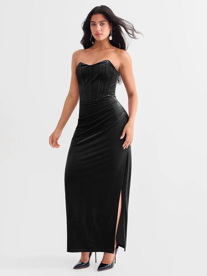 Strapless Velvet Ruched Sculpting Corset Gown - Modefluss