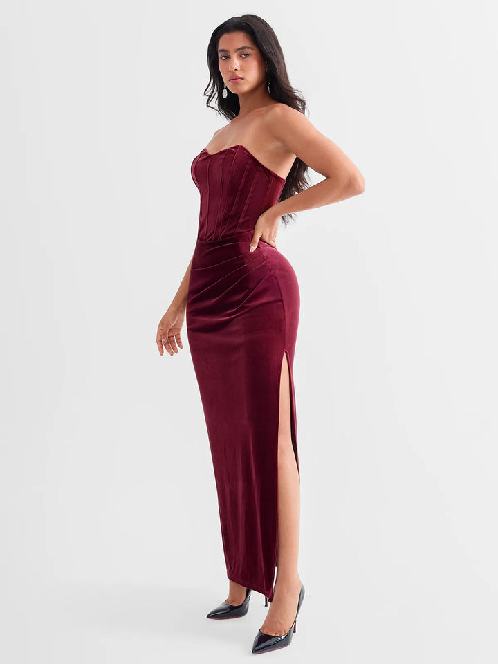 Strapless Velvet Ruched Sculpting Corset Gown - Modefluss