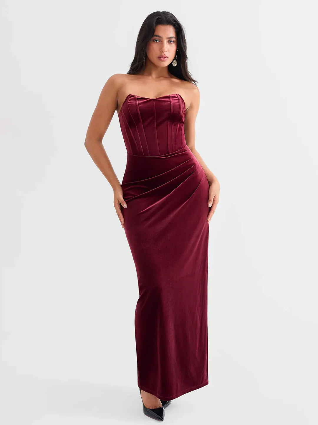 Strapless Velvet Ruched Sculpting Corset Gown - Modefluss