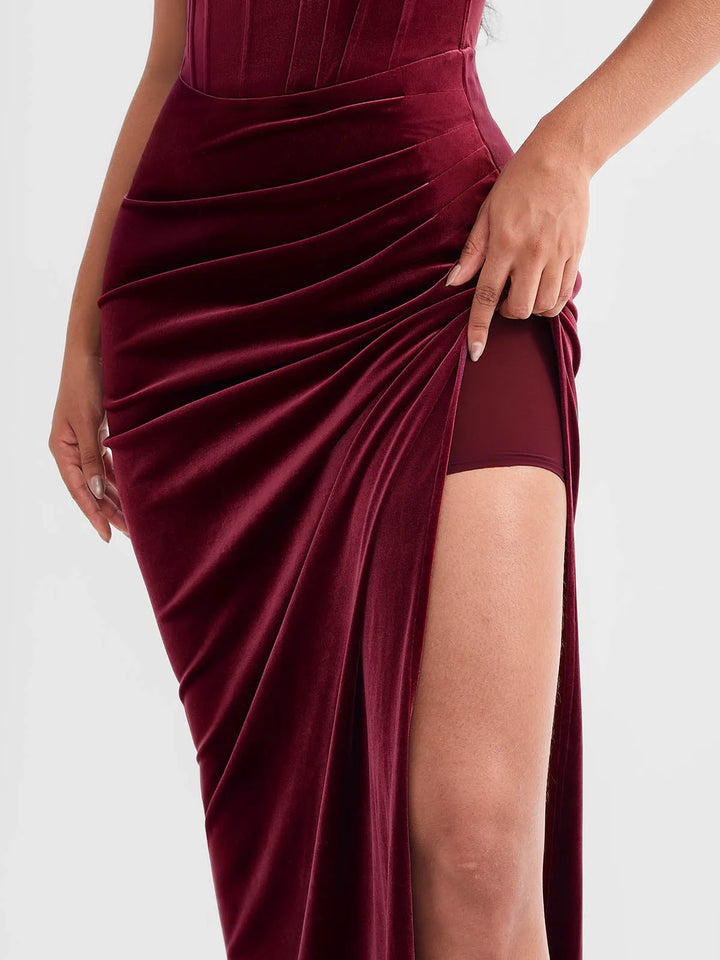 Strapless Velvet Ruched Sculpting Corset Gown - Modefluss