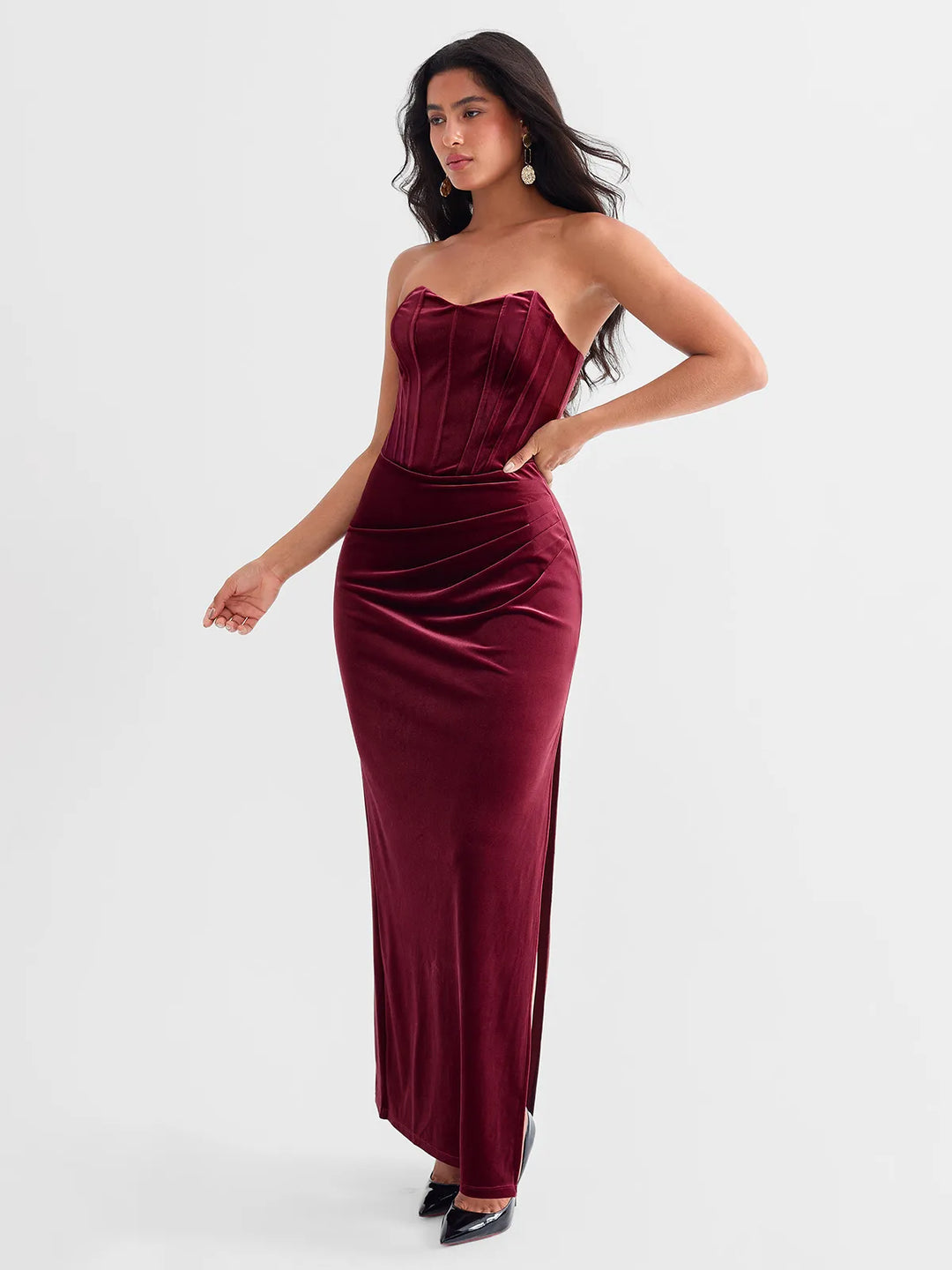 Strapless Velvet Ruched Sculpting Corset Gown - Modefluss