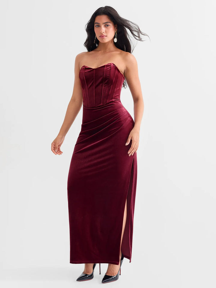 Strapless Velvet Ruched Sculpting Corset Gown - Modefluss