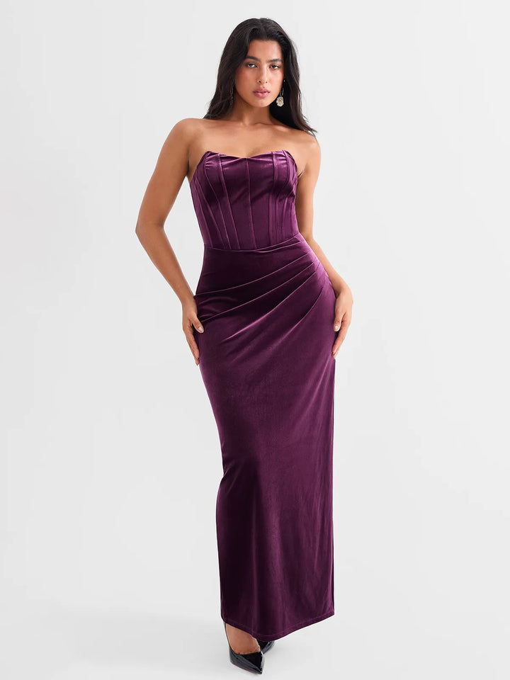 Strapless Velvet Ruched Sculpting Corset Gown - Modefluss